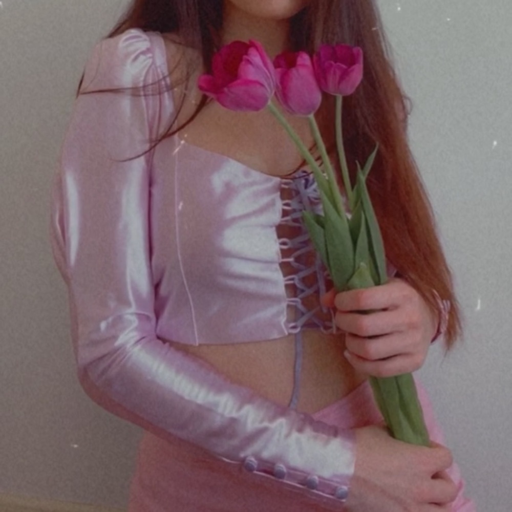Pink Satin Lace up Puff Sleeve Top